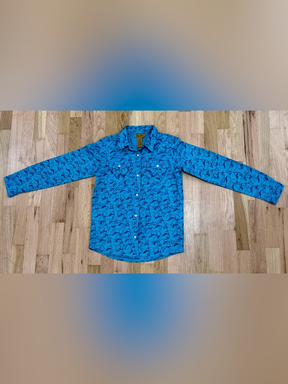 Wrangler Girls Horse Print Western Snap Shirt Turquoise Size L